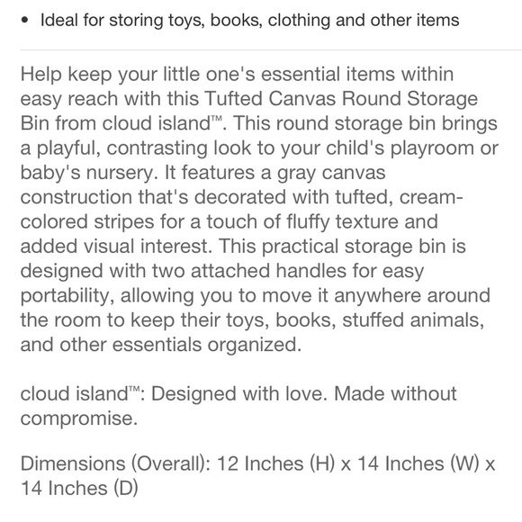 NWT Cloud Island Gray Round Bin with Handles - Picture 6 of 7